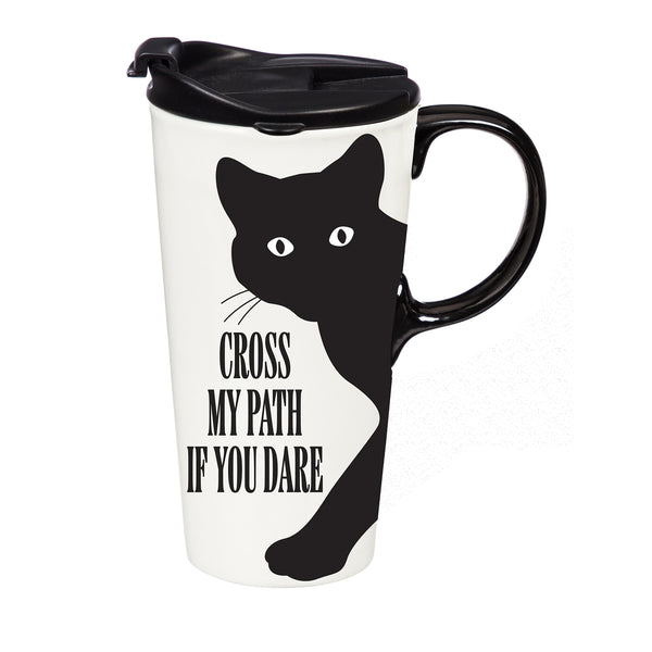 Plow & Hearth Haunted House Cat Cross My Path If You Dare Ceramic Perfect Cup 17oz Gift Box