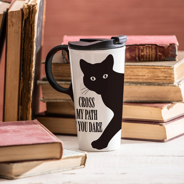 plow & hearth Haunted House Cat Cross My Path If You Dare Ceramic Perfect Cup 17oz Gift Box