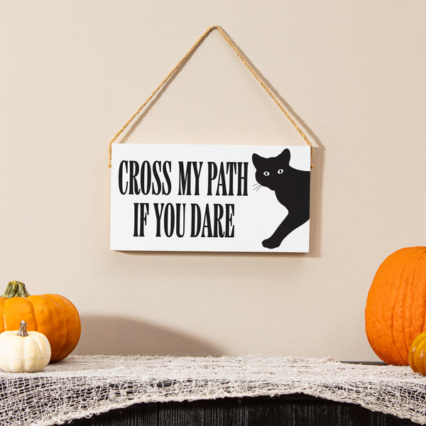 plow & hearth Haunted House Cat Hanging Sign "Cross My Path If You Dare" 11"x6"