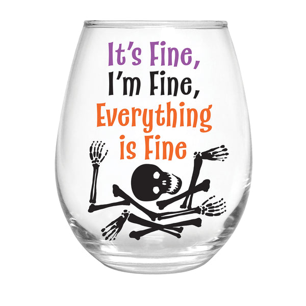Plow & Hearth Haunted House Skeleton It's Fine I'm Fine Everything Is Fine Stemless Glass 17oz Gift Box