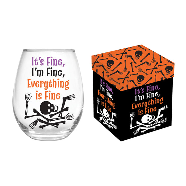 plow & hearth Haunted House Skeleton It's Fine I'm Fine Everything Is Fine Stemless Glass 17oz Gift Box