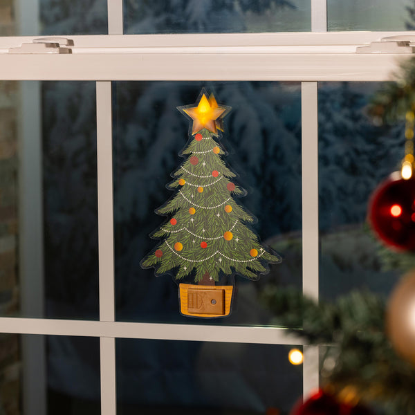 plow & hearth Heartfelt Cheer LED Hanging Décor Christmas Tree with Flickering Light Window Decal 10.25"H