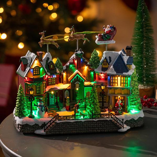 plow & hearth Heartfelt Cheer LED Table Decor Plastic Christmas Town Color Changing Motion and Music 16"L