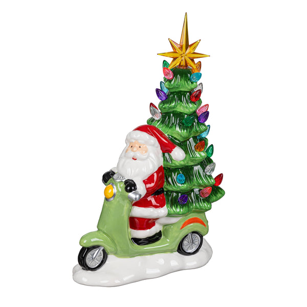 Plow & Hearth Heartfelt Cheer LED Table Décor Resin Santa On Scooter With Christmas Tree 12.25"H