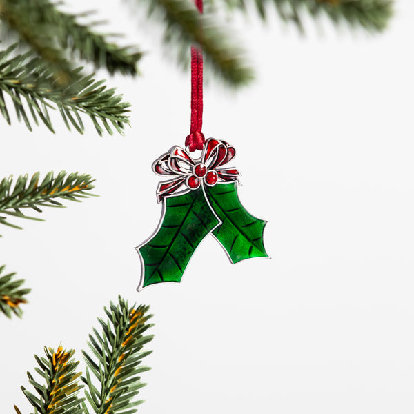 plow & hearth Heartfelt Cheer Ornament Solid Pewter Holly 2"