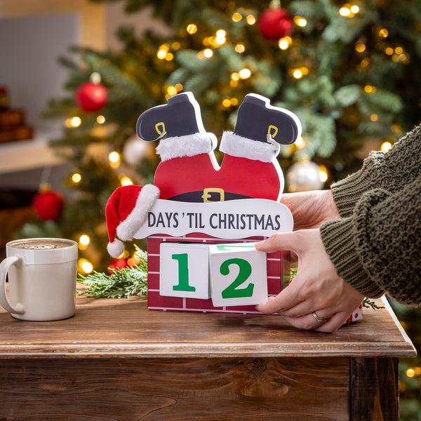 plow & hearth Heartfelt Cheer Table Décor Santa in Chimney Christmas Countdown Wood 10"H