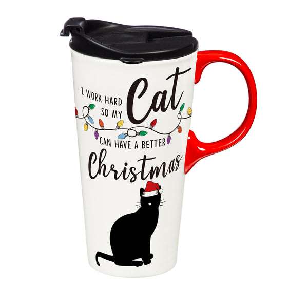 Plow & Hearth Heartfelt Cheer Travel Cup Ceramic Perfect Cup Cat 17oz Gift Box
