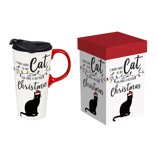 plow & hearth Heartfelt Cheer Travel Cup Ceramic Perfect Cup Cat 17oz Gift Box