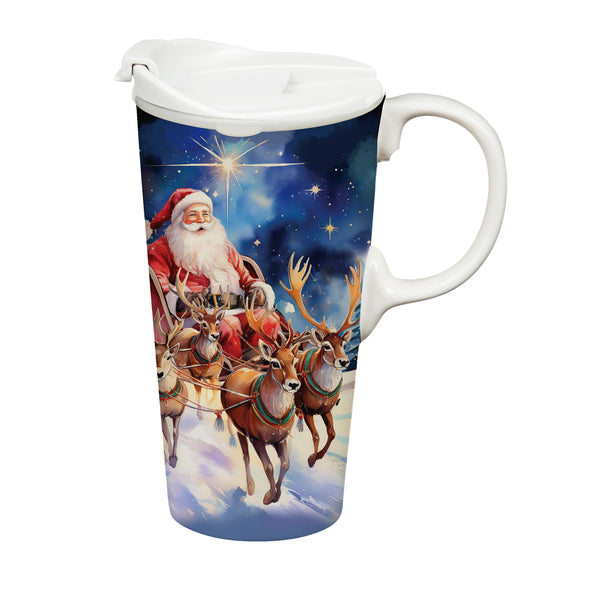 Plow & Hearth Heartfelt Cheer Travel Cup Ceramic Perfect Cup Santa And Reindeer 17oz Gift Box