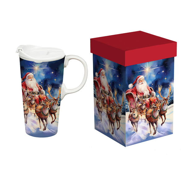 plow & hearth Heartfelt Cheer Travel Cup Ceramic Perfect Cup Santa and Reindeer 17oz Gift Box