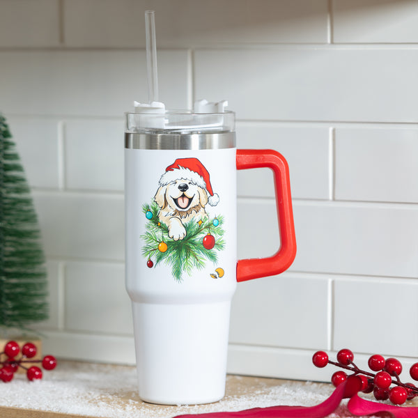 plow & hearth Heartfelt Cheer Tumbler Stainless-Steel Trenta Cup w/ Straw Dog 30oz Gift Box