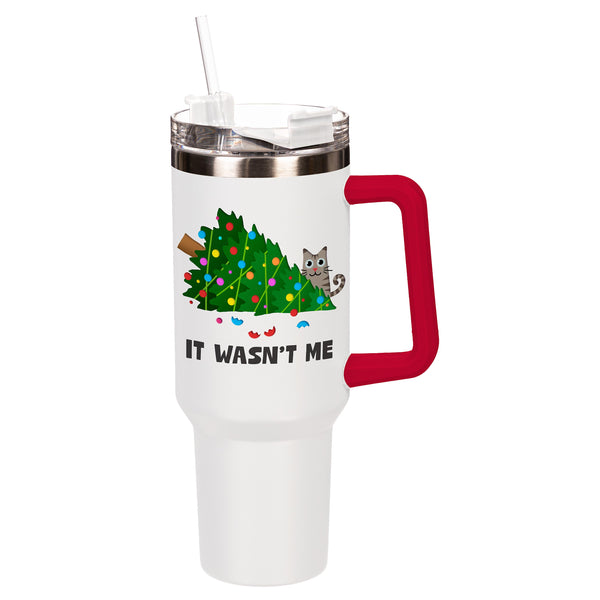 plow & hearth Heartfelt Cheer Tumbler Stainless-Steel Trenta Cup w/ Straw Cat 30oz Gift Box