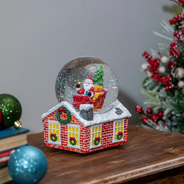 plow & hearth Heartfelt Cheer Water Globe Resin Santa in Sleigh with House Base 7.25"H