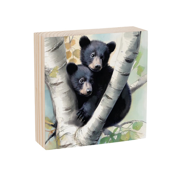 Plow & Hearth High Country Bear Family Sign Wood Block Baby Bears 6"x6"