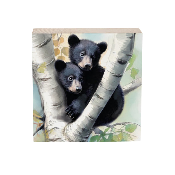Plow & Hearth High Country Bear Family Sign Wood Block Baby Bears 6"x6"