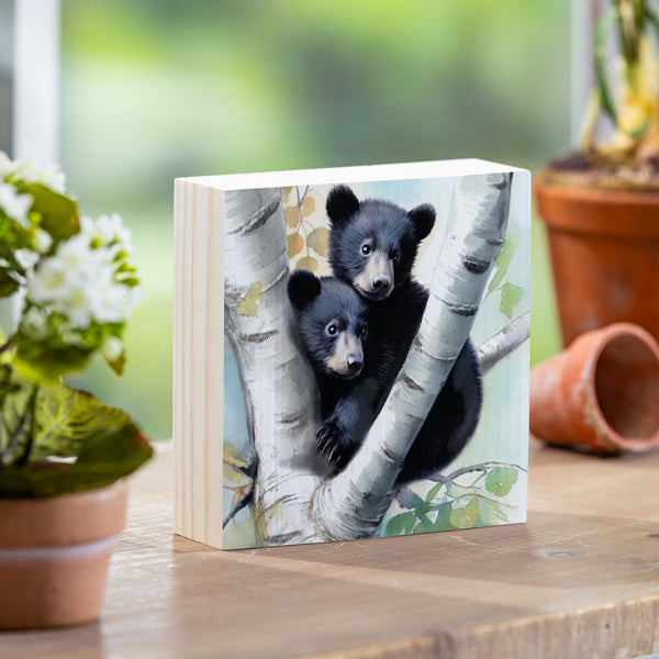 plow & hearth High Country Bear Family Sign Wood Block Baby Bears 6"x6"