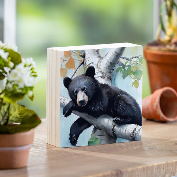 plow & hearth High Country Bear Family Sign Wood Block Mama Bear 6"x6"