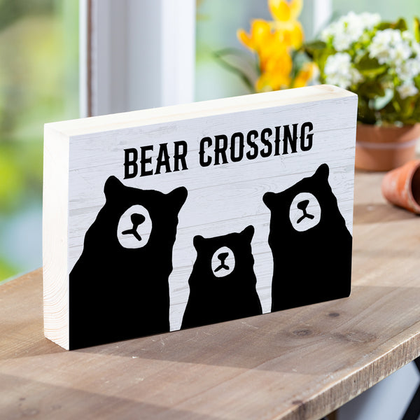 plow & hearth High Country Bear Trio Sign Wood Block "Bear Crossing" 12"L x 8"H