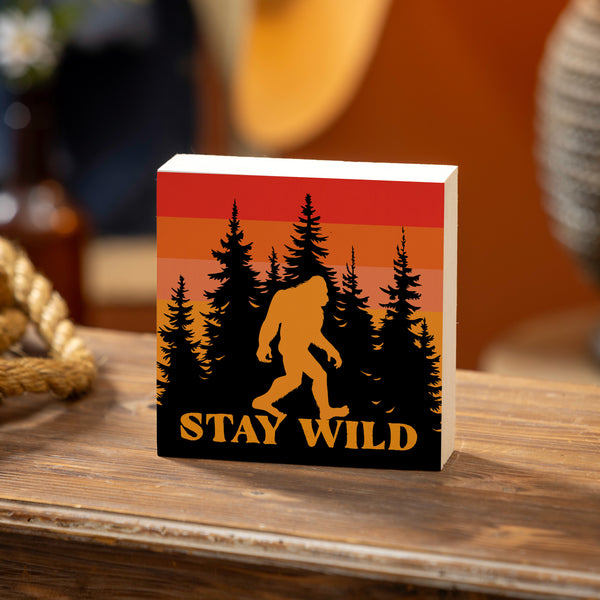 plow & hearth High Country Bigfoot Sign Wood Block "Stay Wild" 6"x6”
