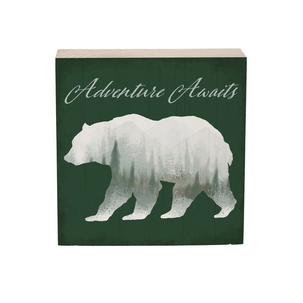 Plow & Hearth High Country Painting Sign Wood Block Bear "Adventure Awaits" 6"x6"