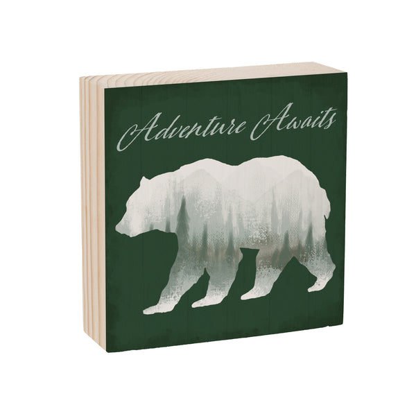Plow & Hearth High Country Painting Sign Wood Block Bear "Adventure Awaits" 6"x6"