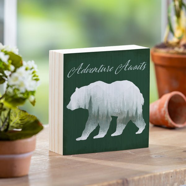 plow & hearth High Country Painting Sign Wood Block Bear "Adventure Awaits" 6"x6"