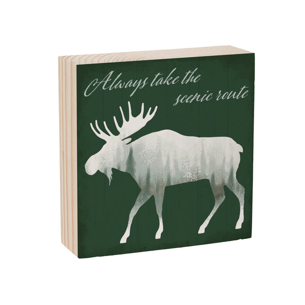 Plow & Hearth High Country Painting Sign Wood Block Moose "Always Take The Scenic Route" 6"x6"