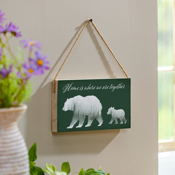 plow & hearth High Country Painting Wood Hanging Sign w/ Rope Bear "Home Is Where we Are Together" 11"x6"
