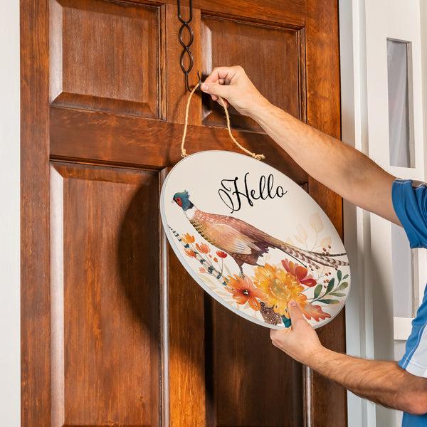 Plow & Hearth High Country Pheasant Wood Door Décor "Hello" 18"