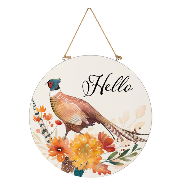 Plow & Hearth High Country Pheasant Wood Door Décor "Hello" 18"