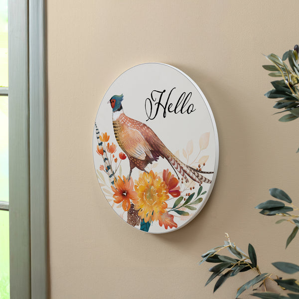 Plow & Hearth High Country Pheasant Wood Door Décor "Hello" 18"