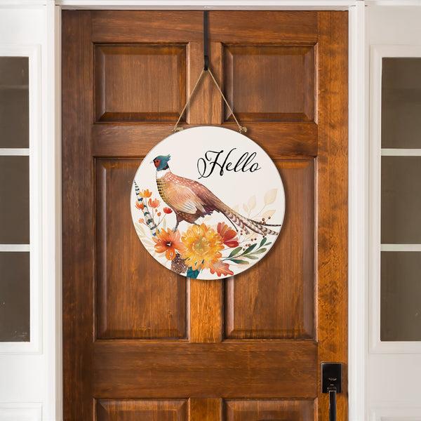 plow & hearth High Country Pheasant Wood Door Décor "Hello" 18"