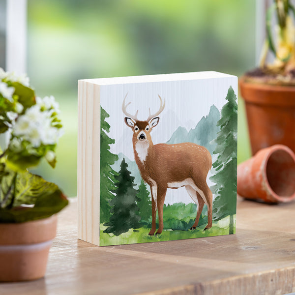 plow & hearth High Country Wilderness Sign Wood Block Deer 6"x6"