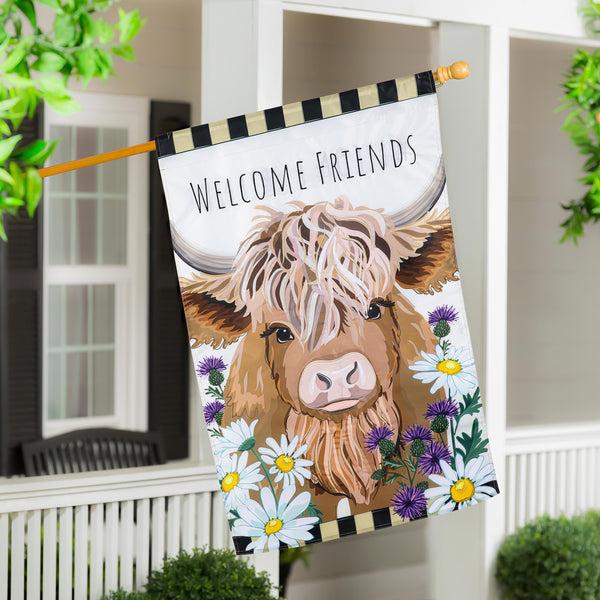 plow & hearth Highland Cow Welcome Friends Applique House Flag