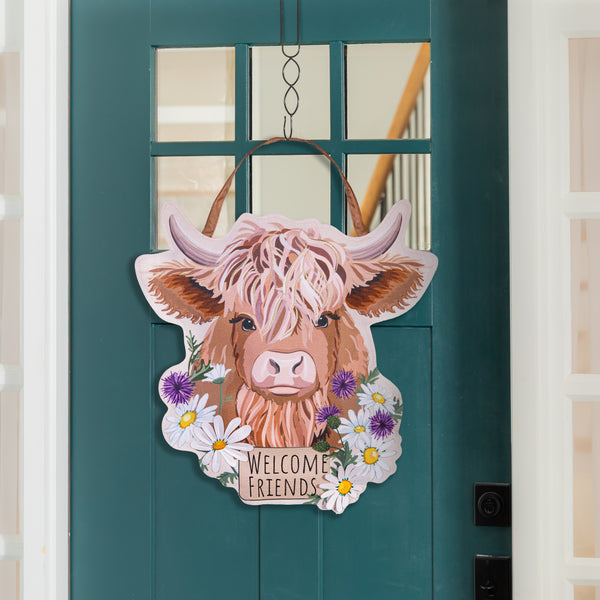 plow & hearth Highland Cow Welcome Friends Estate Door Decor
