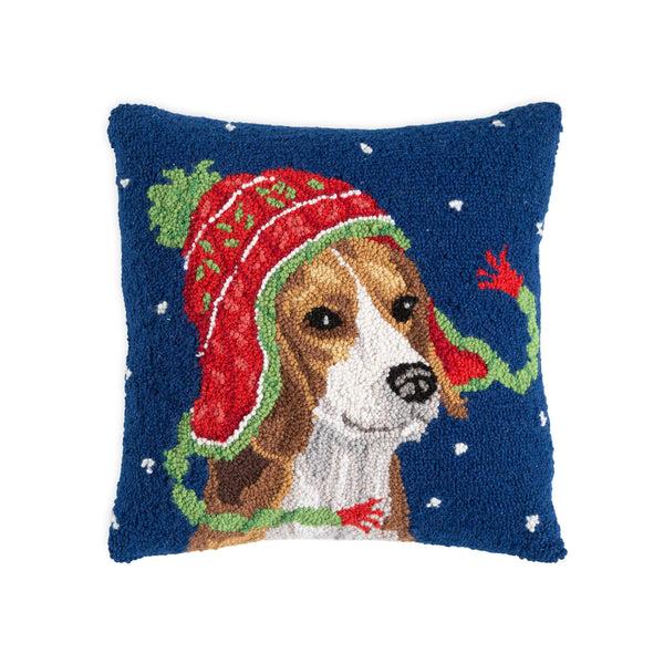 plow & hearth Holiday Beagle with Knit Hat Hand-Hooked Wool Throw Pillow