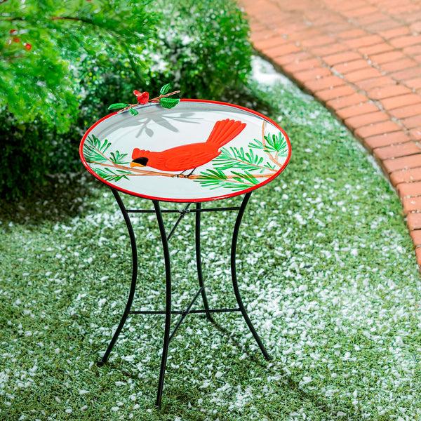 plow & hearth Holiday Poinsettia Birdbath Metal Birdbath with Stand Cardinal 16.5"