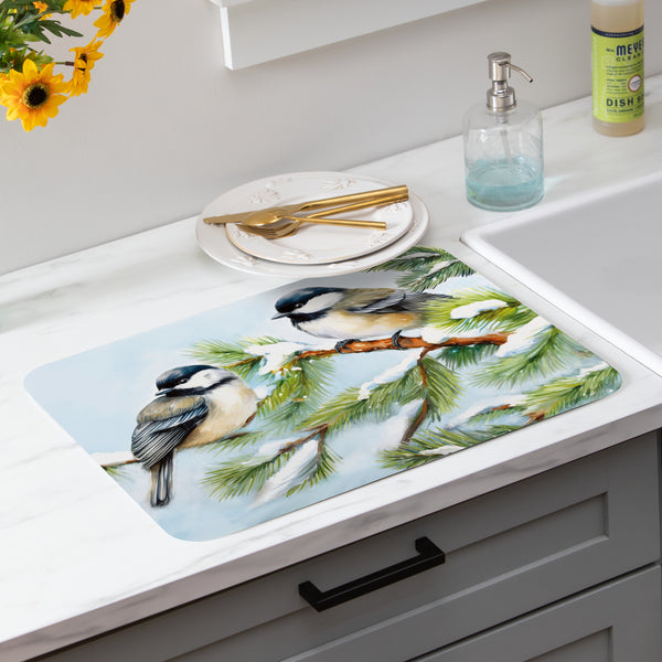 plow & hearth Holiday Poinsettia Chickadees Drying Mat 20"x15"