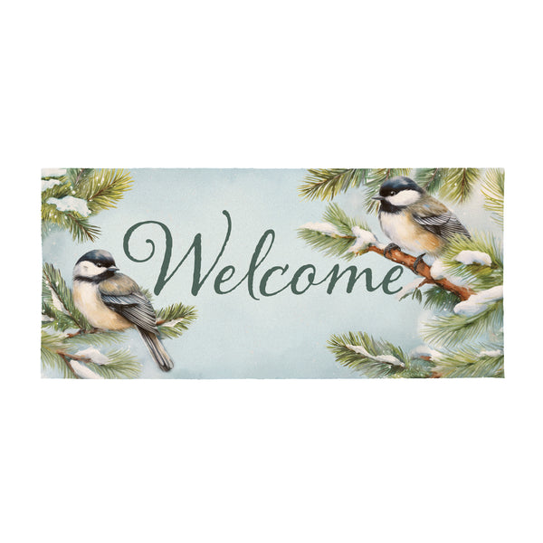 Plow & Hearth Holiday Poinsettia Chickadees Flocked Coir Sassafras Switch Mat 22"x10"