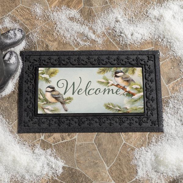 plow & hearth Holiday Poinsettia Chickadees Flocked Coir Sassafras Switch Mat 22"x10"