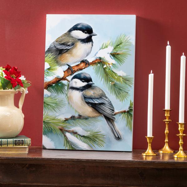 plow & hearth Holiday Poinsettia Chickadees Indoor Wall Décor 24"x16"