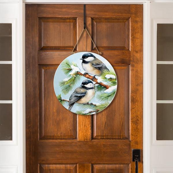 plow & hearth Holiday Poinsettia Chickadees Wood Door Décor 18"