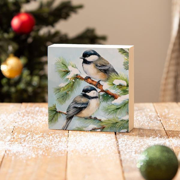 Plow & Hearth Holiday Poinsettia Chickadees Wood Sign Plock 6"x6”