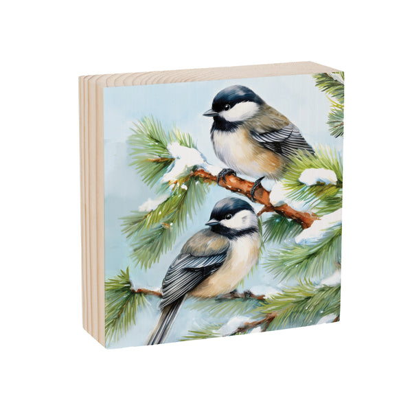Plow & Hearth Holiday Poinsettia Chickadees Wood Sign Plock 6"x6”