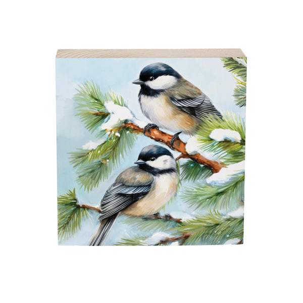 Plow & Hearth Holiday Poinsettia Chickadees Wood Sign Plock 6"x6”