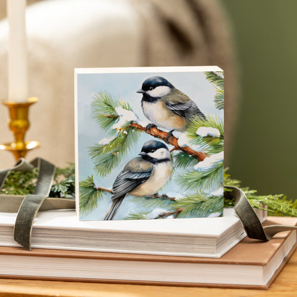 plow & hearth Holiday Poinsettia Chickadees Wood Sign Plock 6"x6”