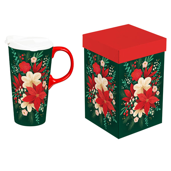 Plow & Hearth Holiday Poinsettia Travel Cup Ceramic Perfect Cup Poinsettia Bouquet 17oz Gift Box
