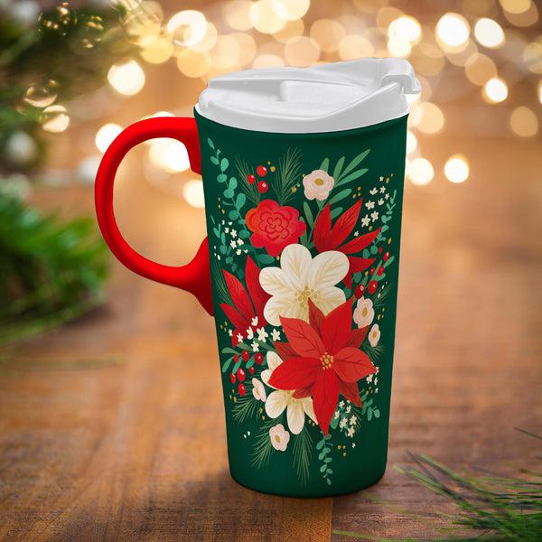 plow & hearth Holiday Poinsettia Travel Cup Ceramic Perfect Cup Poinsettia Bouquet 17oz Gift Box