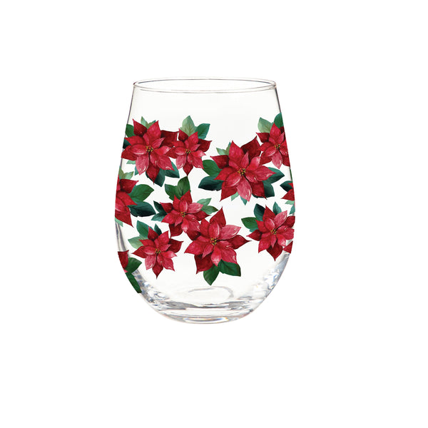 Plow & Hearth Holiday Poinsettia Wine Glass Stemless Glass Poinsettia Bliss 17oz Gift Box