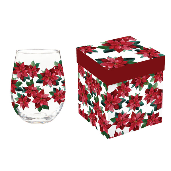 plow & hearth Holiday Poinsettia Wine Glass Stemless Glass Poinsettia Bliss 17oz Gift Box
